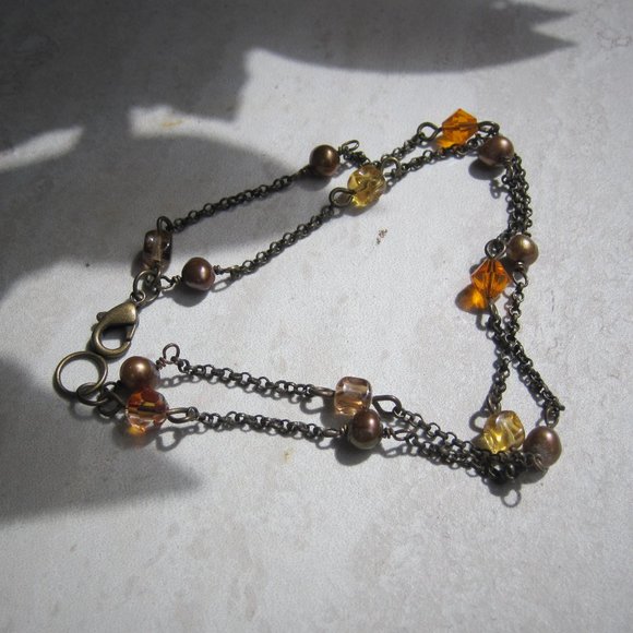 Fall Colors Ankle bracelet 2 strand brass chain w/pearls & crystals - Picture 1 of 3